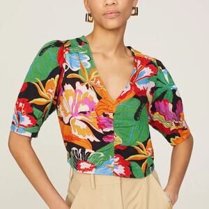 Scotch & Soda Floral Top V Neck Puff Sleeve Woven Cropped Top Womens Size XS